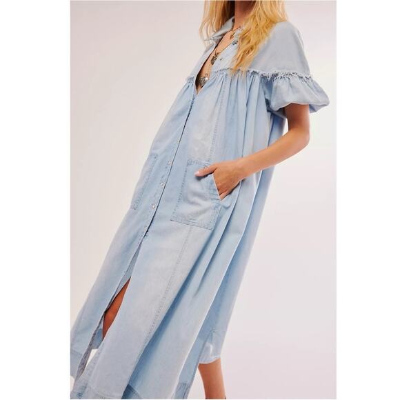 Free People Western Bohemian Prairie On The Road Denim Maxi Dress Size Small - Picture 4 of 15